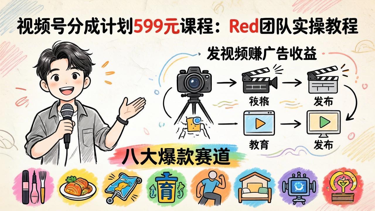 视频号分成计划599元课程：Red团队实操教程，发视频赚广告收益，八大爆款赛道全掌握-xiaobairz