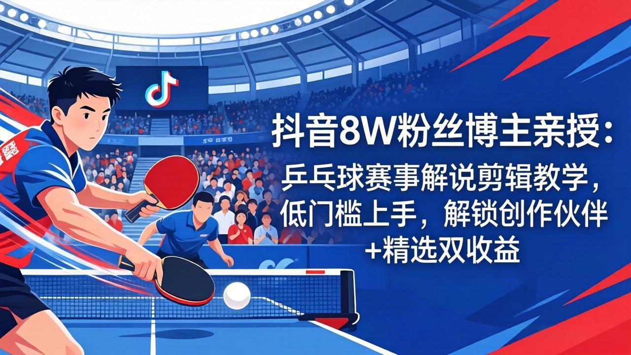 抖音8W粉丝博主亲授：乒乓球赛事解说剪辑教学，低门槛上手，解锁创作伙伴+精选双收益-xiaobairz