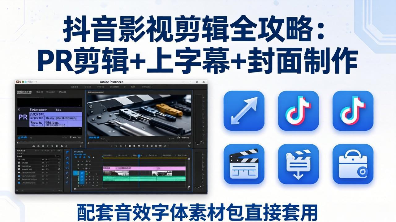 抖音影视剪辑全攻略：PR剪辑+上字幕+封面制作，配套音效字体素材包直接套用-xiaobairz