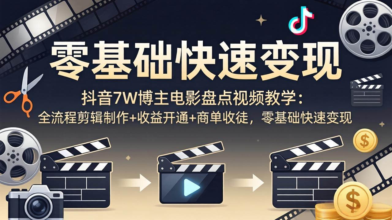 抖音7W博主电影盘点视频教学：全流程剪辑制作+收益开通+商单收徒，零基础快速变现-xiaobairz