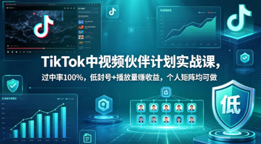 TikTok中视频伙伴计划实战课，过中率100%，低封号+播放量賺收益，个人矩阵均可做-xiaobairz