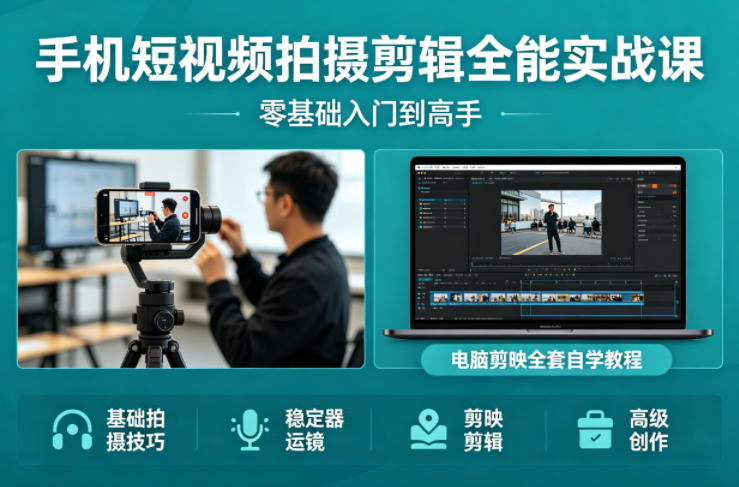 手机短视频拍摄剪辑全能实战课：零基础入门到高手，稳定器运镜+电脑剪映全套自学教程-xiaobairz