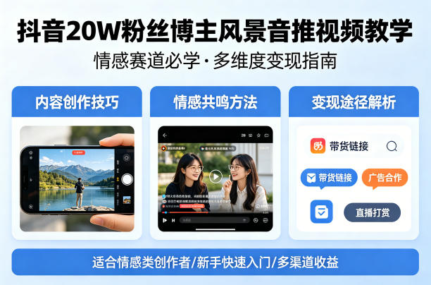 抖音20W粉丝博主风景音推视频教学，情感赛道必学，各种变现途径-xiaobairz
