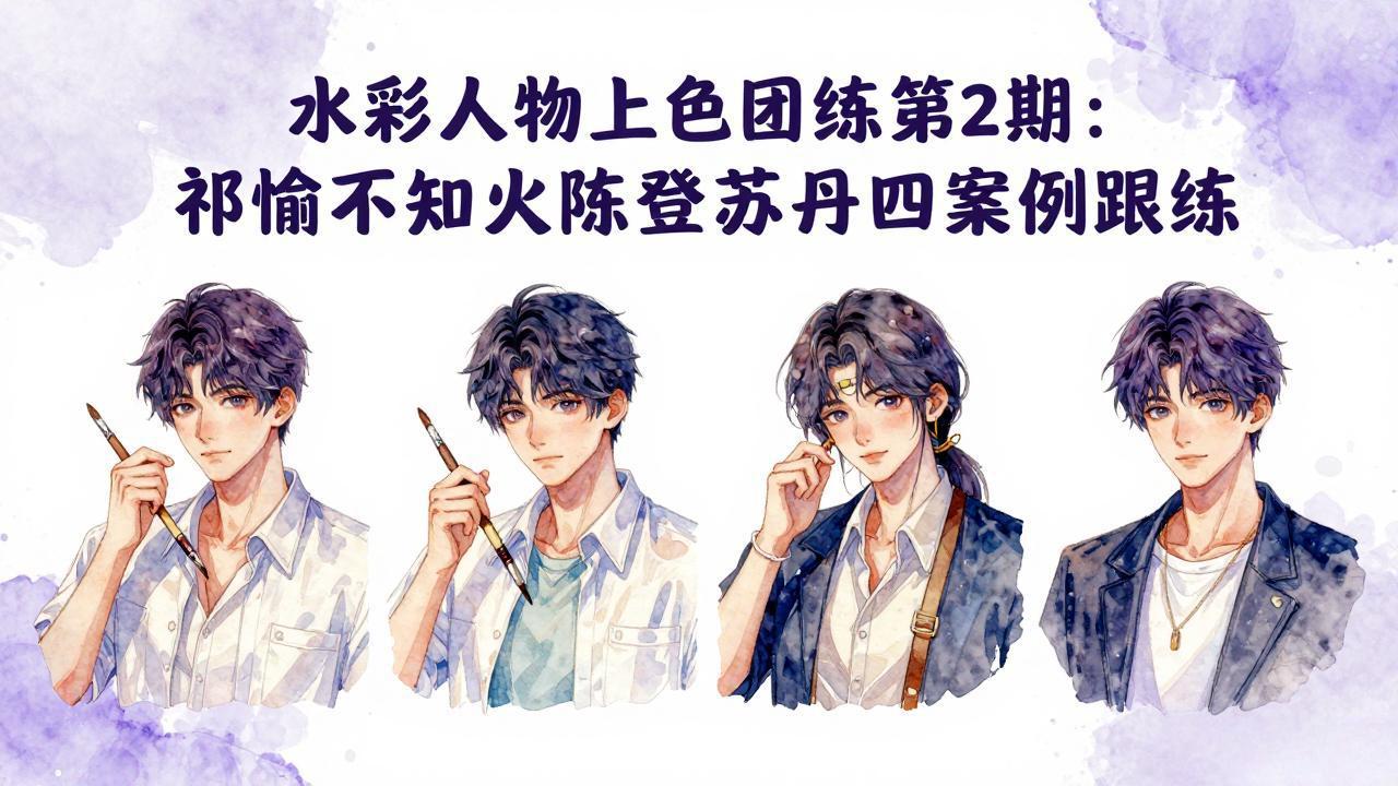 水彩人物上色团练第2期：祁煜不知火陈登苏丹四案例跟练，手把手提升绘画能力-xiaobairz