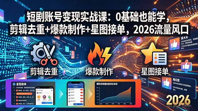 短剧账号变现实战课：0基础也能学，剪辑去重+爆款制作+星图接单，2026流量风口-xiaobairz