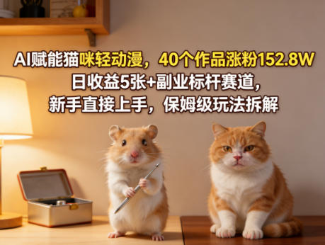 AI赋能猫咪轻动漫，40个作品涨粉152.8W，日收益5张+副业标杆赛道，新手直接上手，保姆级玩法拆解-xiaobairz