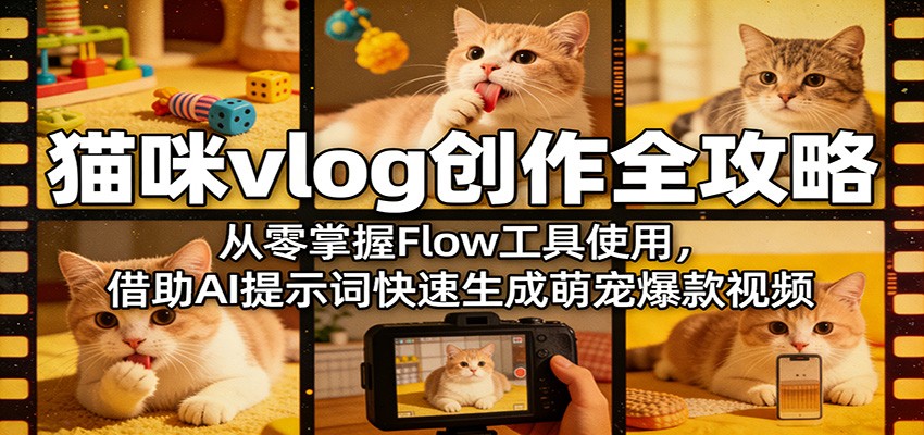 猫咪vlog创作全攻略：从零掌握Flow工具使用，借助AI提示词快速生成萌宠爆款视频-xiaobairz