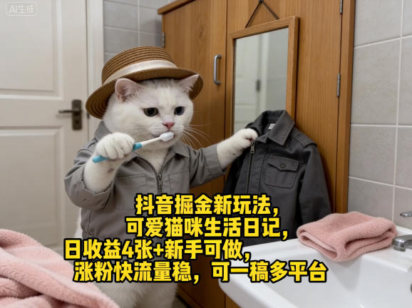 抖音掘金新玩法，可爱猫咪生活日记，日收益4张+新手可做，涨粉快流量稳，可一稿多平台-xiaobairz
