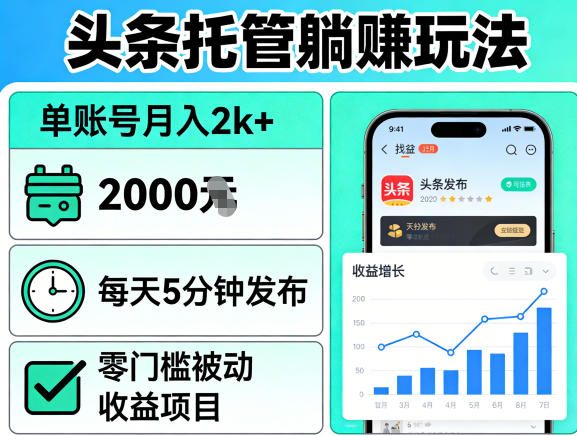 头条托管躺賺玩法，单账号月入2k+，每天5分钟发布即可，零门槛被动收益项目【揭秘】-xiaobairz