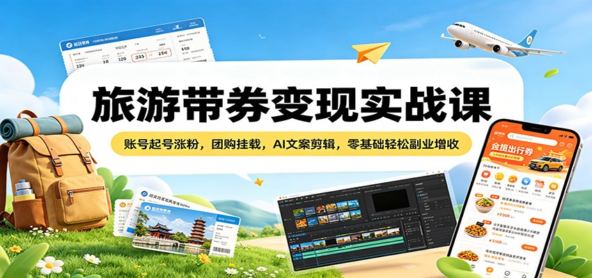 旅游带券变现实战课：账号起号涨粉，团购挂载，AI文案剪辑，零基础轻松副业增收-xiaobairz