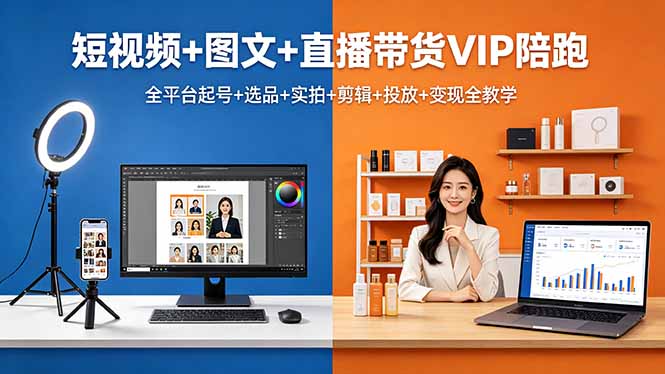 短视频+图文+直播带货VIP陪跑，全平台起号+选品+实拍+剪辑+投放+变现全教学-xiaobairz