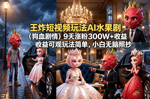 王炸短视频玩法AI水果剧(狗血剧情)9天涨粉300W+收益可观玩法简单，小白无脑照抄，详细拆解玩法-xiaobairz