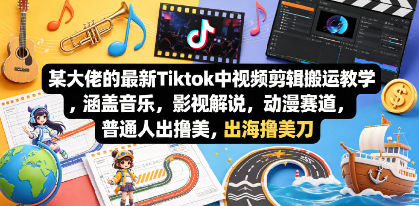 某大佬的最新Tiktok中视频剪辑搬运教学，涵盖音乐，影视解说，动漫赛道，普通人出海撸美刀-xiaobairz