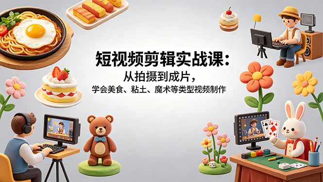 短视频剪辑实战课：从拍摄到成片，学会美食、粘土、魔术等类型视频制作-xiaobairz