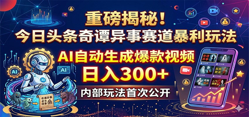 重磅揭秘！今日头条奇谭异事赛道暴利玩法：AI自动生成爆款视频，日入300+-xiaobairz