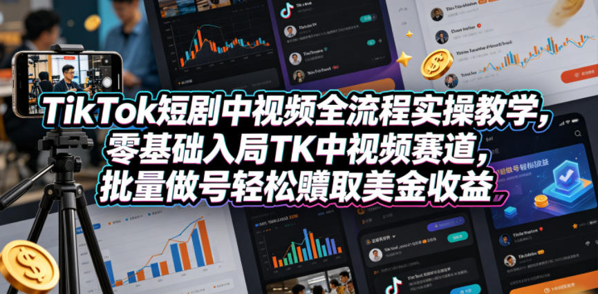 TikTok短剧中视频全流程实操教学，零基础入局TK中视频赛道，批量做号轻松賺取美金收益-xiaobairz