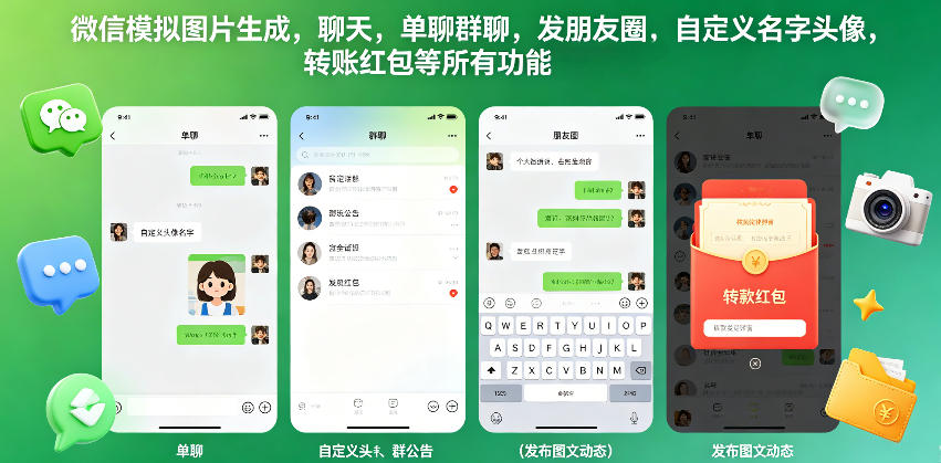 微信模拟图片生成，聊天，单聊群聊，发朋友圈，自定义名字头像，转账红包等所有功能都可以生成-xiaobairz