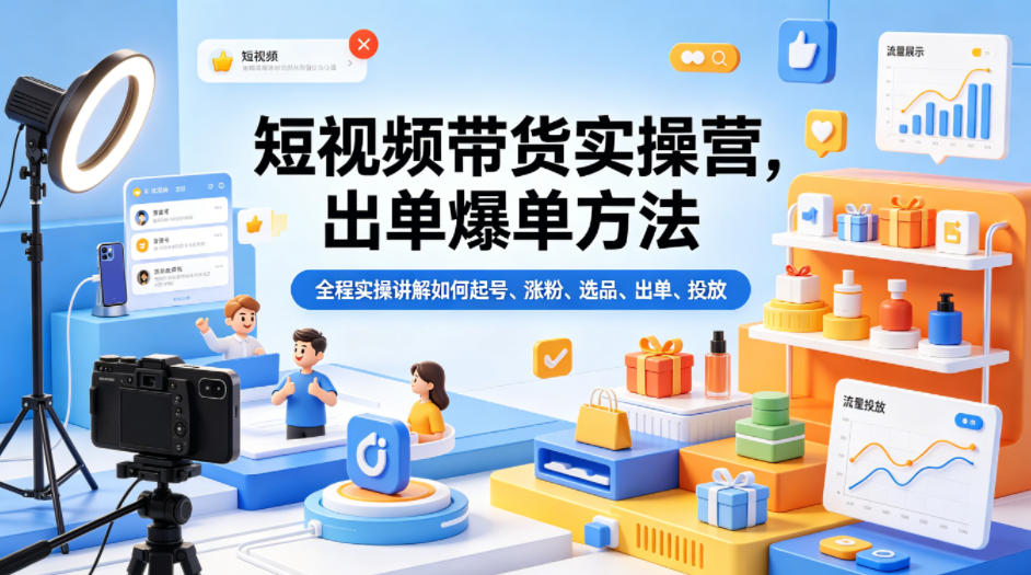 短视频带货实操营，出单爆单方法，全程实操讲解如何起号、涨粉、选品、出单、投放(更新0515)-xiaobairz